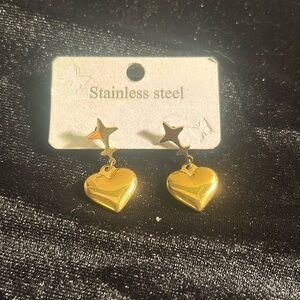 Stainless Steel Gold Plated Heart and Star Dangle Earring Women